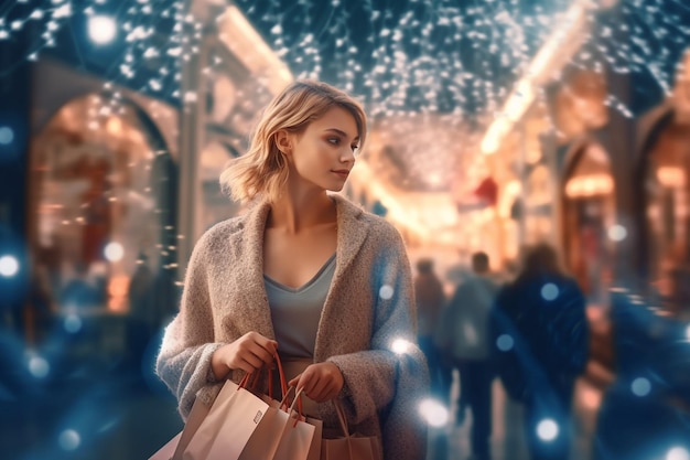 Elegant and beautiful girl holding many shopping bags on a creative luxe background The concept of shopping online orders delivery of goods promotions sales Generative AI