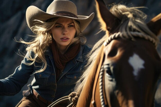 Photo elegant beauty of a cowgirl grace meets grit prairie echoes with the allure of a freespirited beautiful woman serene charm of a pretty girl portrait of grace