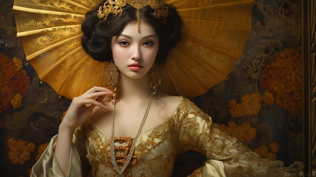 elegant beauty in gold and traditional clothing