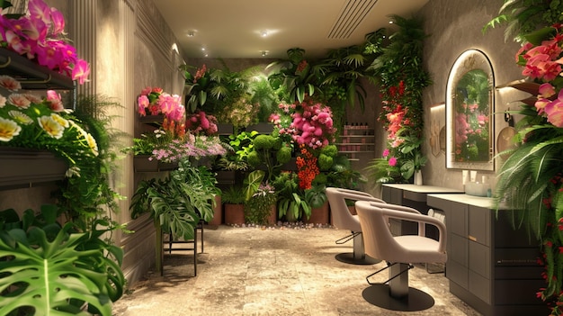 An elegant beauty salon filled with an abundance of vibrant flowers and lush plants