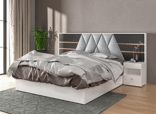 Элегантный постельный гарнитур с великолепным интерьером спальни 3D-рендеринга