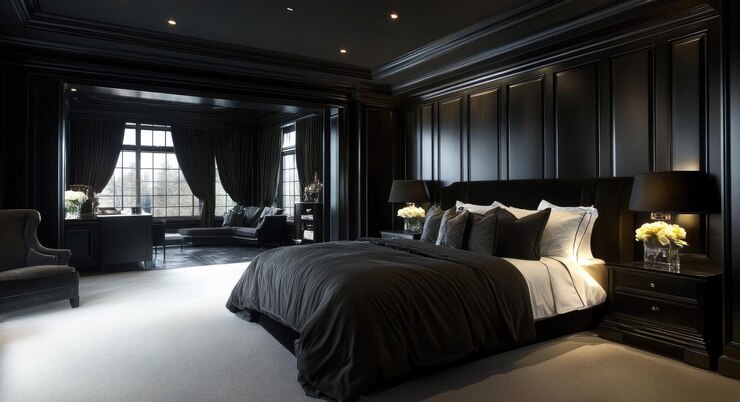 Photo elegant bedroom design with contemporary dark interior and diagonal floor accents