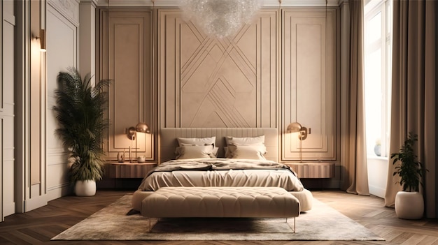 An elegant bedroom has a marble wall