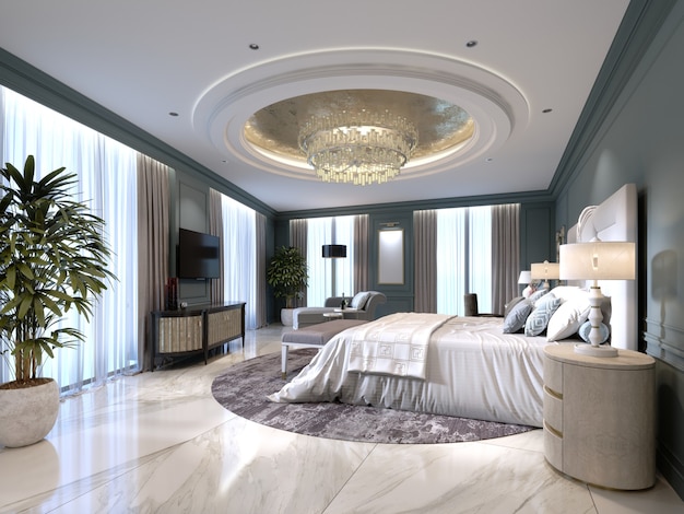 Элегантный интерьер спальни с большой удобной кроватью и диваном с туалетным столиком и растением. 3d рендеринг