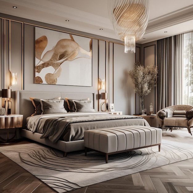Elegant bedroom interior with large comfortable bed and sofa with dressing table and plant 3d rendering