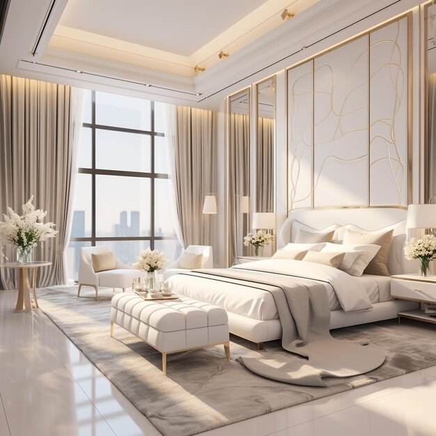 Photo elegant bedroom interior with large comfortable bed and sofa with dressing table and plant 3d rendering