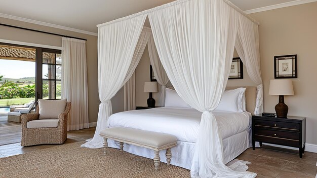 elegant bedroom with canopy bed and serene decor