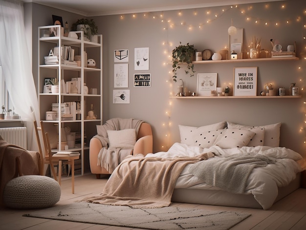 Elegant beige slaapkamer interieur evenwichtige meubel lay-out AI gegenereerd