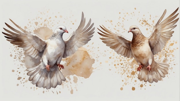 Photo elegant beige and white doves with wings opne flying pigeons watercolor illustration