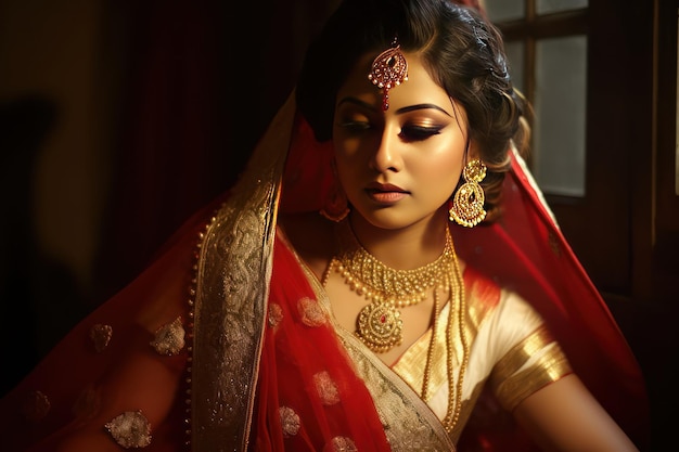 Photo elegant bengali bride in red and white benarasi saree adorned in gold zari work
