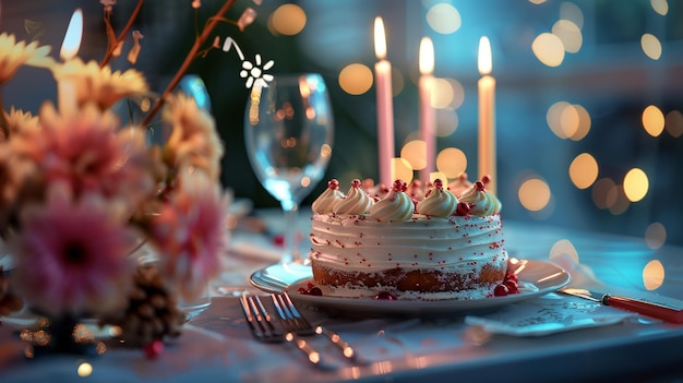 Элегантная столовая для вечеринки по случаю дня рождения с тортом на белой тарелке