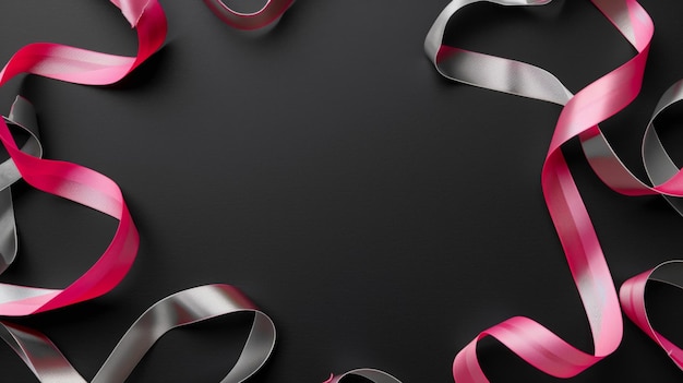 Elegant black background adorned with swirling pink and silver satin ribbons