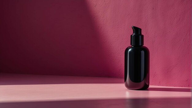 Photo elegant black cosmetic bottle on bold fuchsia background