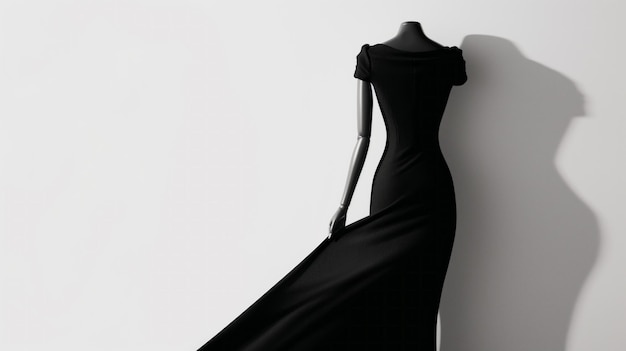 회색 배경에 마네킨에 대한 우아한 검은 드레스가 단순하지만 정교한 디자인으로 눈에 띄는 미니멀리즘 패션 진술을 만니다.