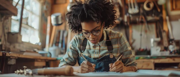 Photo an elegant black female carpenter works in a studio in a loft space as she writes down dimensions and assembles the legs of a wooden chair