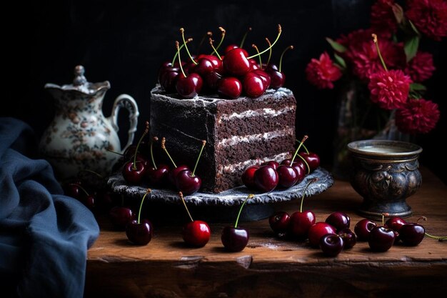 Elegant black forest cake with cherry compote