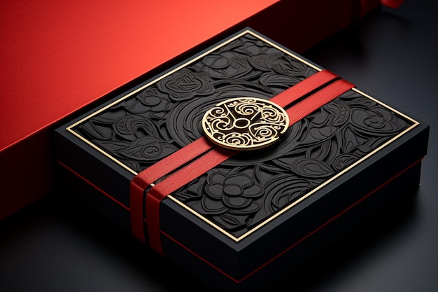 Фото Элегантная черная подарочная коробка с золотой лентой и цветочными акцентами, созданная ai