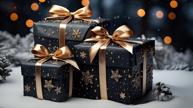 Elegant Black Gift Boxes with Golden Ribbons and Snow