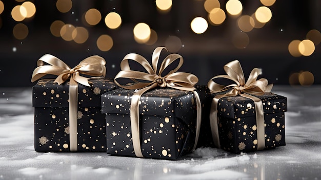 Elegant Black Gift Boxes with Golden Ribbons and Snow