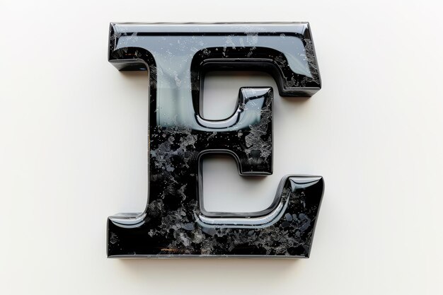 Photo elegant black glass letter e with intricate details on white