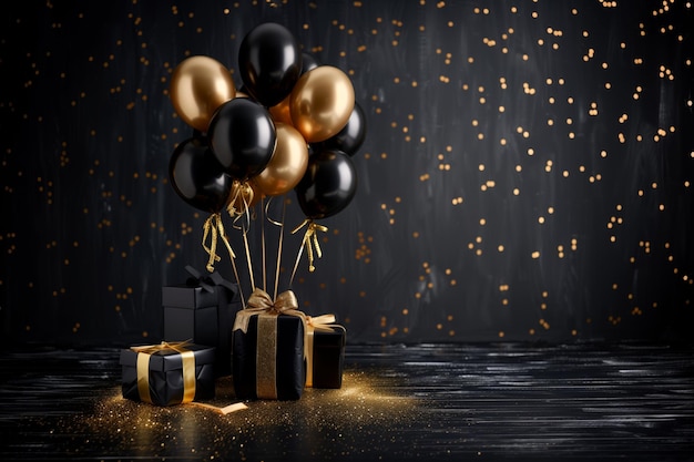 Elegant black and gold balloons with festive party decor