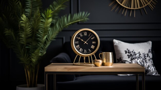 Elegant black and gold living room with a large clock