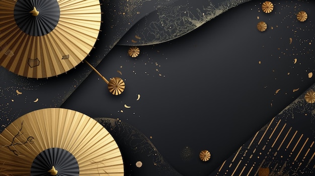 Elegant black and gold themed background with traditional japanese fans swirl patterns and golden
