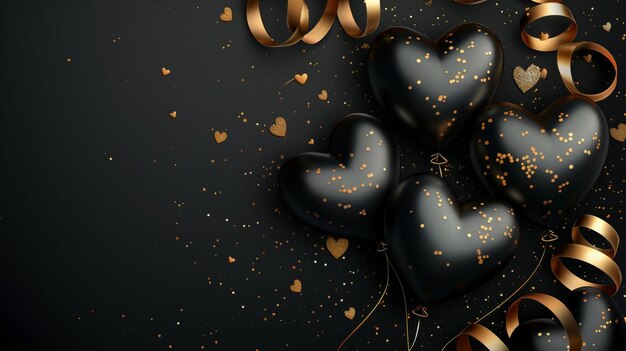 Photo elegant black heart balloons with gold confetti on a dark background