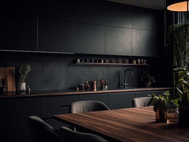 Elegant black kitchen with chic decor AI Generated