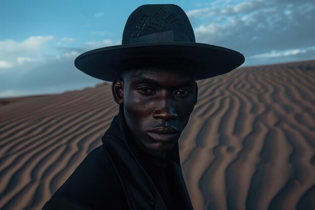 Photo elegant black male model in fashionable attire and stylish hat posing against a moody sky with textured sand dunes backdrop