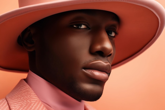 Elegant black man in peach closeup portrait with hat
