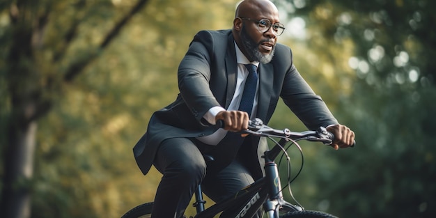 Premium Photo  Elegant black man in suit cycling in city sleek bike urban  sophistication bustling streets AI generative