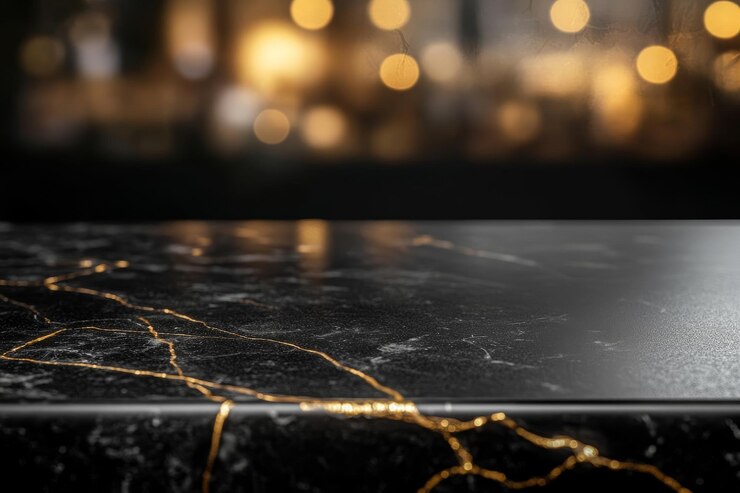 Photo elegant black marble tabletop with gold accents for luxury product display in soft focus background