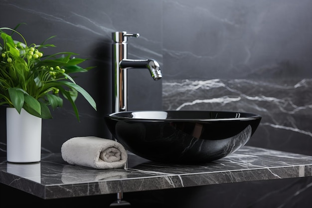 Фото Элегантная раковина из черного мрамора и хромный кран для современного минималистского дизайна ванной комнаты