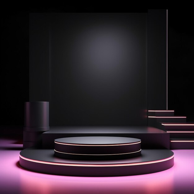 Photo elegant black podium stage for product display with white neon light