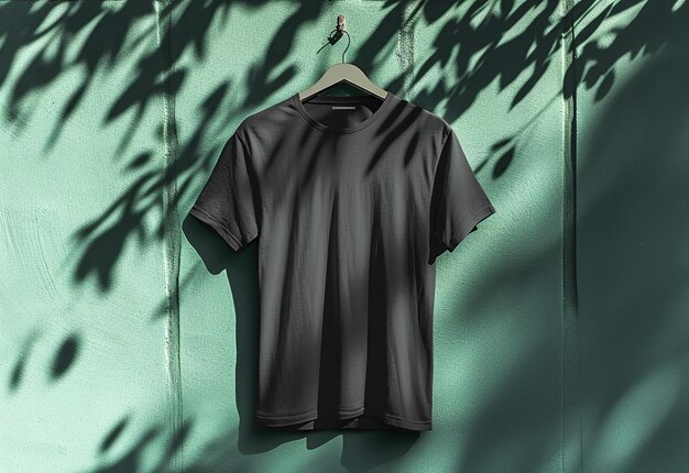 Elegant black Tshirt on a wooden hanger against a wall background