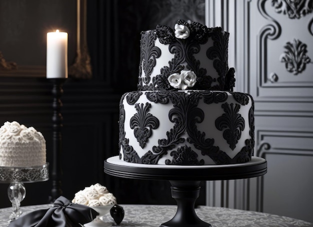 Photo elegant black and white cake with damask pattern wedding cake on a table in a decorated room generative ai