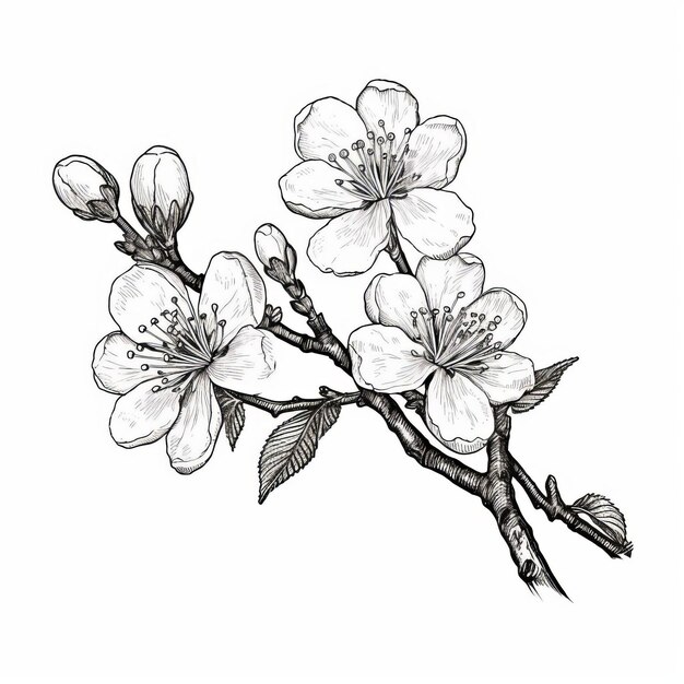 Photo elegant black and white cherry blossom flowering branch illustration