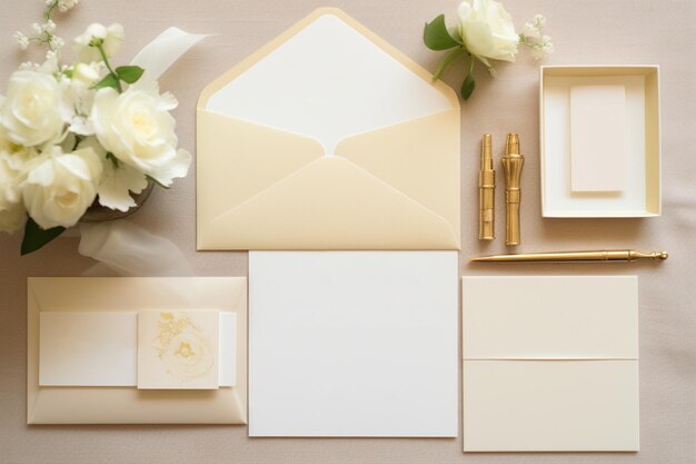 элегантный чистый лист бумаги и конверт с цветами