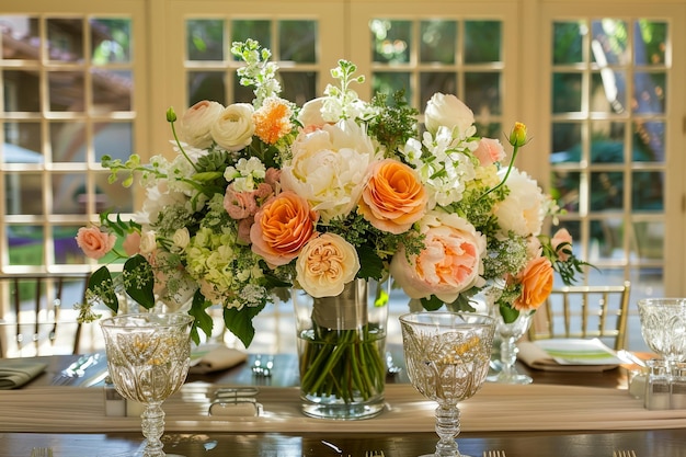 Foto elegant bloemen middelpunt op luxe bankettafel met kristalglas en fijn porselein