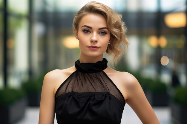 Elegant blonde woman in a black halter dress poses in a modern cityscape embodying sophistication and urban charm