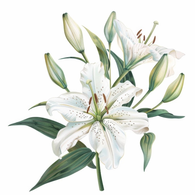 Elegant blooming lilies with buds on white background