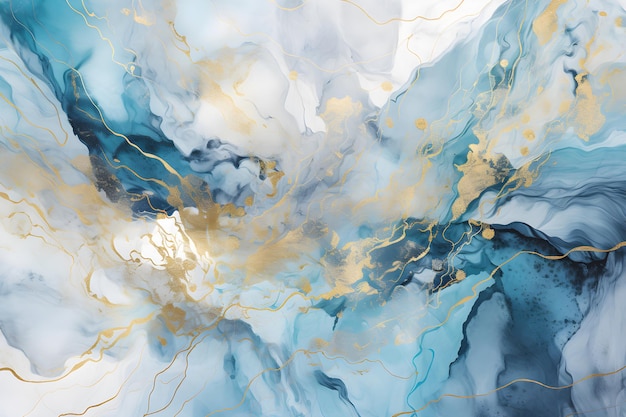 Elegant blue alcohol ink background with gold glitter elements AI generative