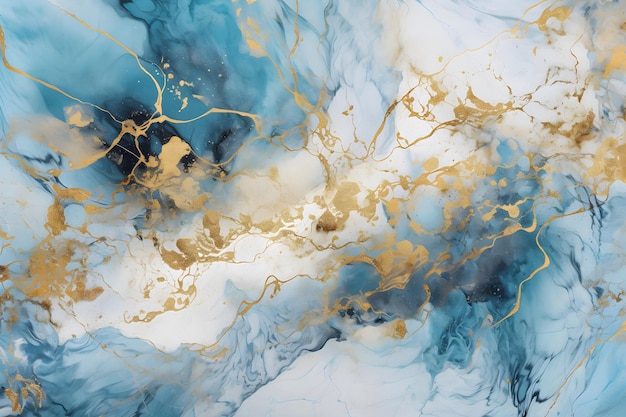 Elegant blue alcohol ink background with gold glitter elements AI generative