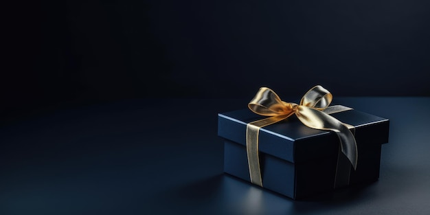 Elegant blue gift box with a gold ribbon and a gold bow on a table on a black background copy space