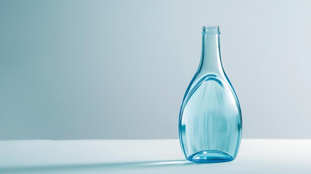 柔らかい青い背景の白い表面の優雅な青いガラスのボトル
