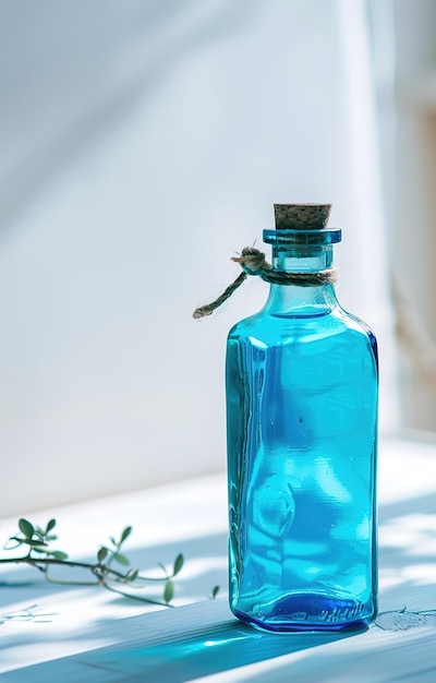 Elegant blue glass bottles illuminated by natural light ideal for packaging drinks and cosmetics