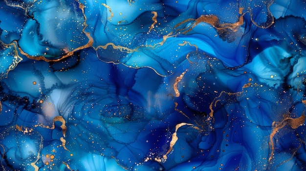 Elegant Blue and Gold Marble Background with Swirling Veins