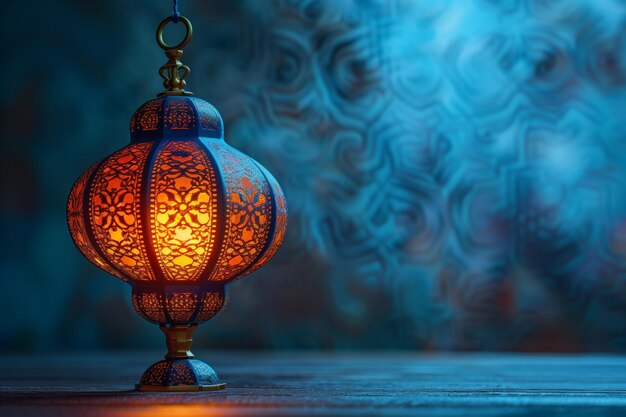 Photo elegant blue lantern against a dark background