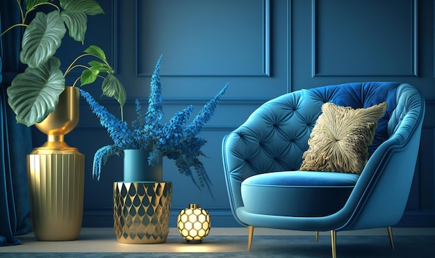 Photo elegant blue living room showcasing a cozy luxury armchair inviting space for unwinding and lounging